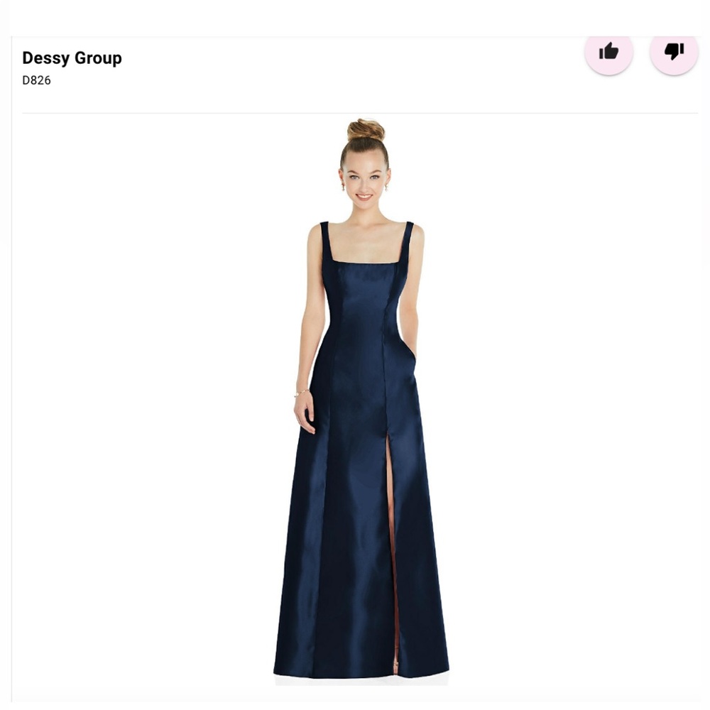 Dessy Group Navy Square-Neck Satin Wedding Dress with Front Slit